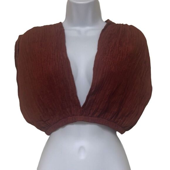 Savannah Morrow XS Kamala Crop Top Crinkled Silk Blend Deep V Neck Paprika Brown - Picture 2 of 8